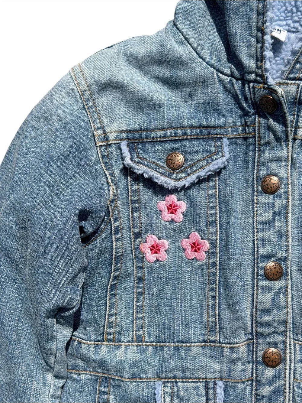 OshKosh B’Gosh Jean Jacket Girls 2T 3T Size 95 Sherpa Hooded Blue Floral Denim